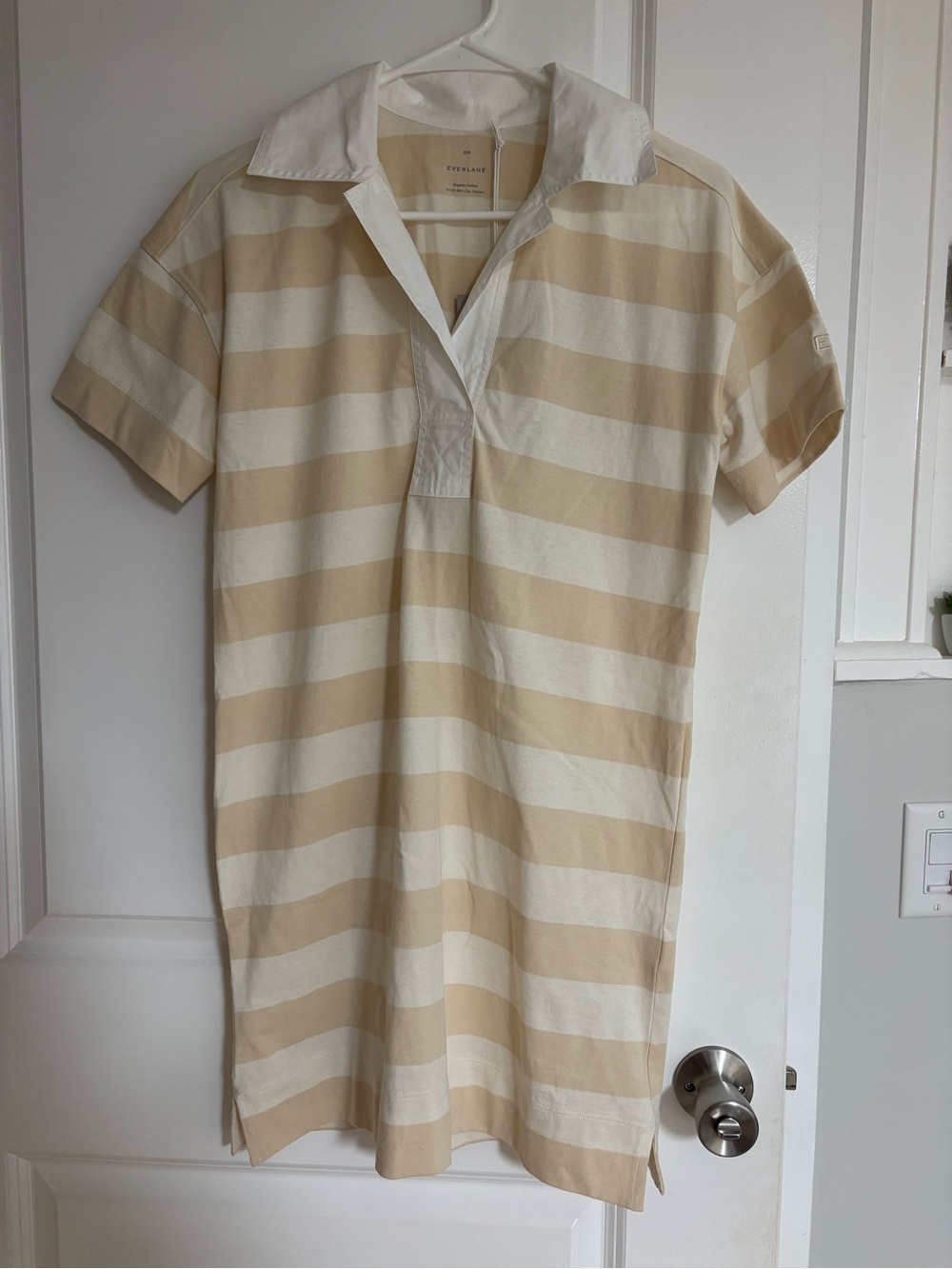 Short-Sleeve Polo Dress in Cream and Beige Stripes